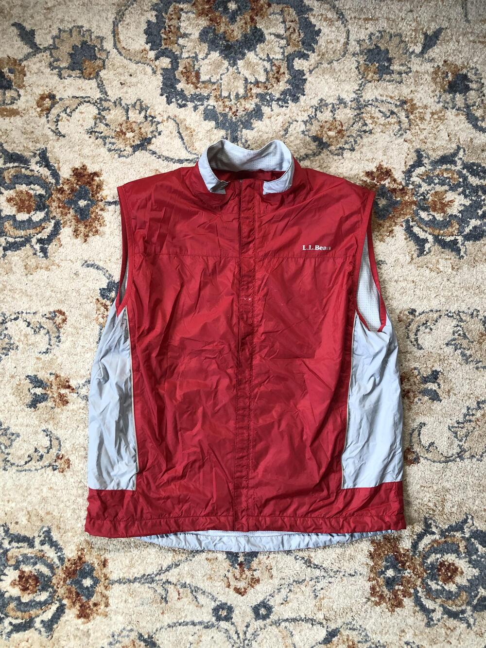 L.L.Bean Vest Mens Medium Red Gray Lightweight Windbreaker Full Zip Mesh Lined